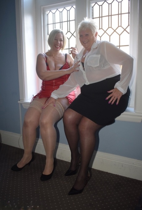 Overweight older lesbians disrobe to nylons before toying their pussies