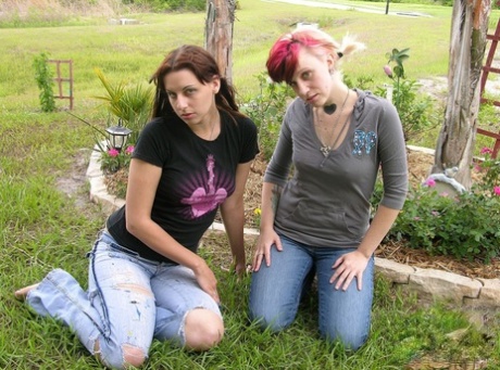Amateur dykes in blue jeans simultaneously strip naked in a bedroom