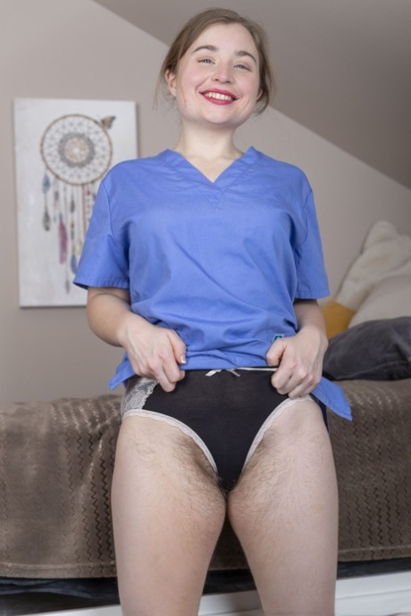 Amateur dentist Dawn Honey Crisp strips her uniform & shows her hairy crotch