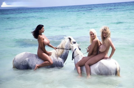 Three nude bombshells with great breasts have fun on the beautiful beach