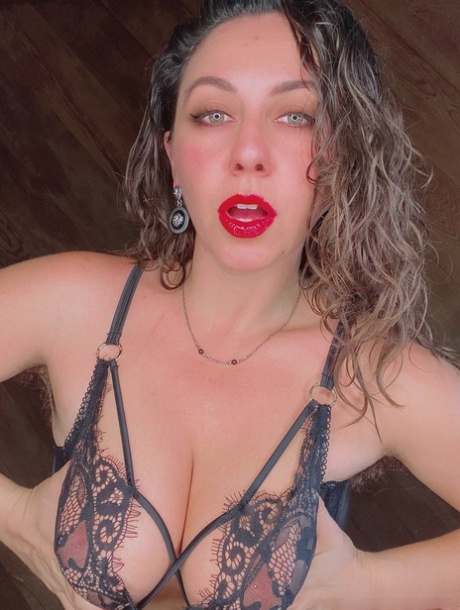 Stunner with red lipstick Nikki Silver shows her stockinged feet & hairy twat