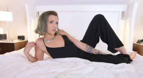 Green haired babe Brind Love rolls down her lacy undies and gets fucked