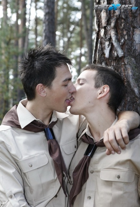 Kinky scoutboys kiss and suck each other's dick before facials in the woods